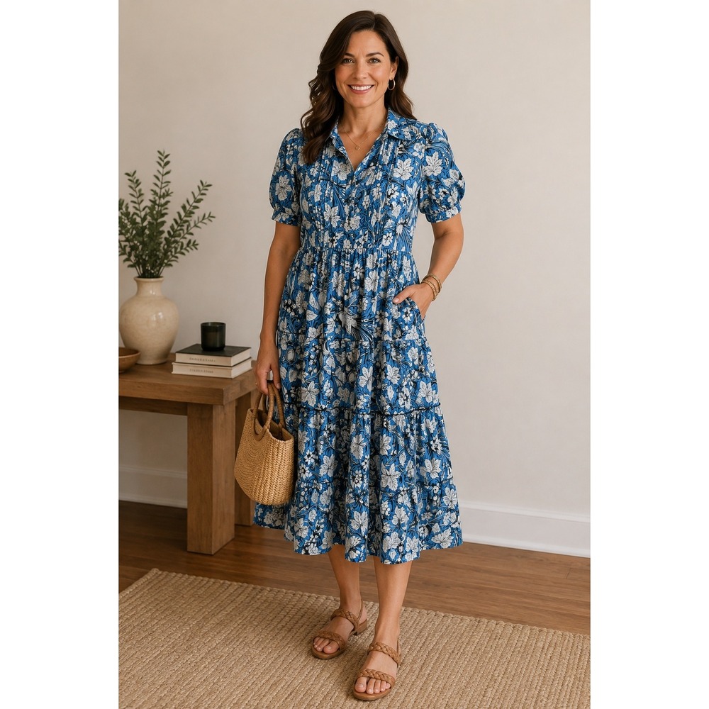 Diane von Furstenberg Queena Blue Floral Midi Shirt Dress Poplin Luxe L
